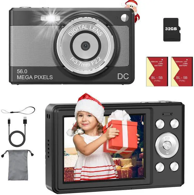 Main image of Digital Camera 1080P Video Camera for Kids Boys Girls, 8X Zoom Compact Digital Point and Shoot Kids Digital Camera with 32GB Card,2 Batteries-Black