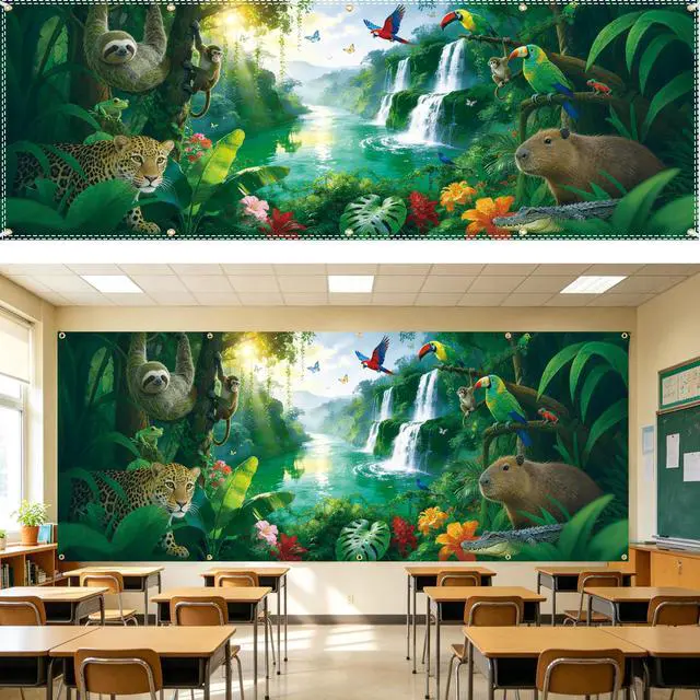 Main image of 18×6ft Rainforest Animal Backdrop, Tropical Jungle Waterfall Party Decor | Premium Polyester Fabric,Foldable,Excellent Shooting Effect as a Rainforest Animal Backdrop,Great for Jungle Theme Photoshoot