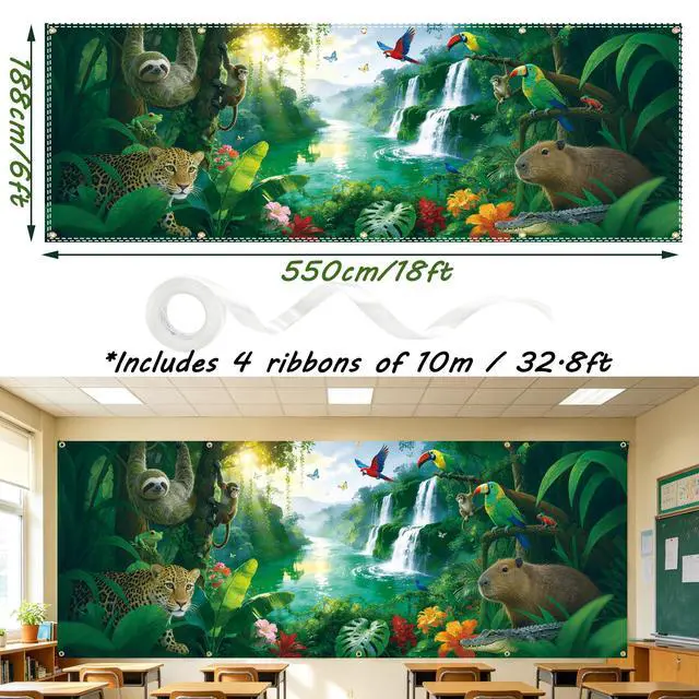 Alt view image 2 of 6 - 18×6ft Rainforest Animal Backdrop, Tropical Jungle Waterfall Party Decor | Premium Polyester Fabric,Foldable,Excellent Shooting Effect as a Rainforest Animal Backdrop,Great for Jungle Theme Photoshoot