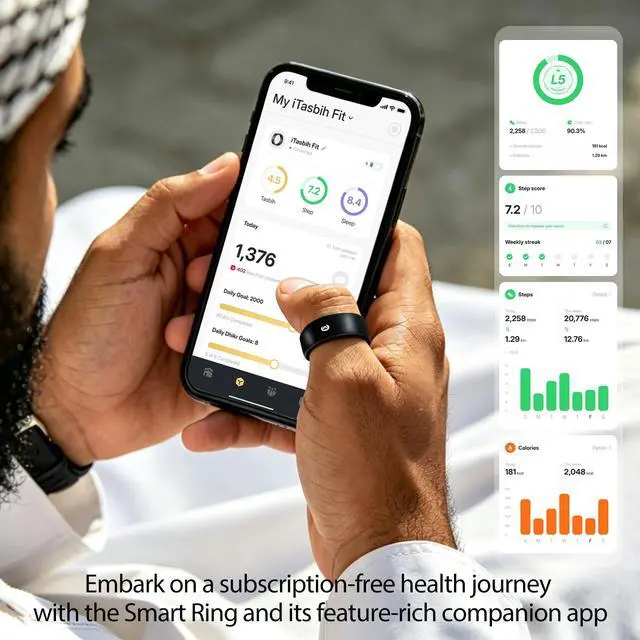 Alt view image 2 of 6 - Muslim Islamic Zikr Tasbih Smart Ring IP68 Waterproof Fitness Tracker Tasbih Counter Tasbeeh Counter Prayer Reminder Fajr Tracker Sleep Monitor Multi-Sport Magnetic Type C Gift