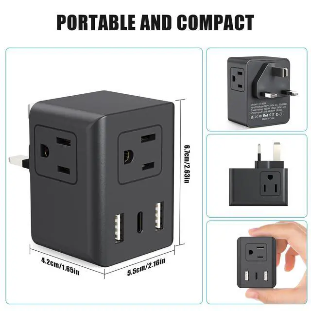 Alt view image 2 of 7 - US to UK Ireland Travel Plug Adapter, Type G Power Adapter with 3 AC Outlets & 3 USB Ports (PD20W USB-C), 3250W/13A for USA to Dubai Singapore UAE UK Hong Kong, Black