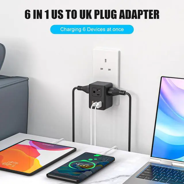 Alt view image 3 of 7 - US to UK Ireland Travel Plug Adapter, Type G Power Adapter with 3 AC Outlets & 3 USB Ports (PD20W USB-C), 3250W/13A for USA to Dubai Singapore UAE UK Hong Kong, Black