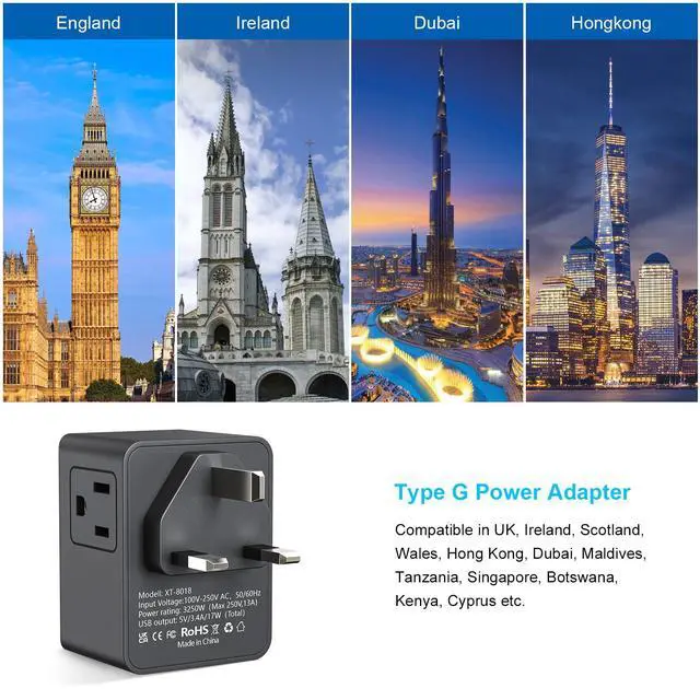 Alt view image 4 of 7 - US to UK Ireland Travel Plug Adapter, Type G Power Adapter with 3 AC Outlets & 3 USB Ports (PD20W USB-C), 3250W/13A for USA to Dubai Singapore UAE UK Hong Kong, Black