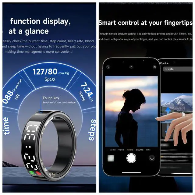 Alt view image 4 of 6 - Smart Ring Health Fitness Tracker, Touch Screen Smart Ring for Men and Women, Sleeping Steps Heart Rate Blood Oxygen Monitor, Remote Photography LED Display Ring Waterproof Fitness Ring (Gold, 9)