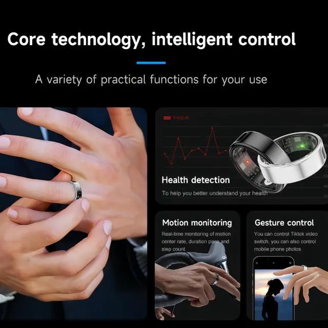 Alt view image 3 of 6 - Smart Ring Health Fitness Tracker, Touch Screen Smart Ring for Men and Women, Sleeping Steps Heart Rate Blood Oxygen Monitor, Remote Photography LED Display Ring Waterproof Fitness Ring (Gold, 9)