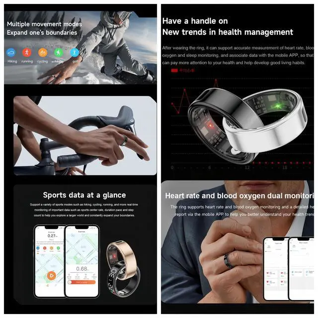 Alt view image 5 of 6 - Smart Ring Health Fitness Tracker, Touch Screen Smart Ring for Men and Women, Sleeping Steps Heart Rate Blood Oxygen Monitor, Remote Photography LED Display Ring Waterproof Fitness Ring (Gold, 9)