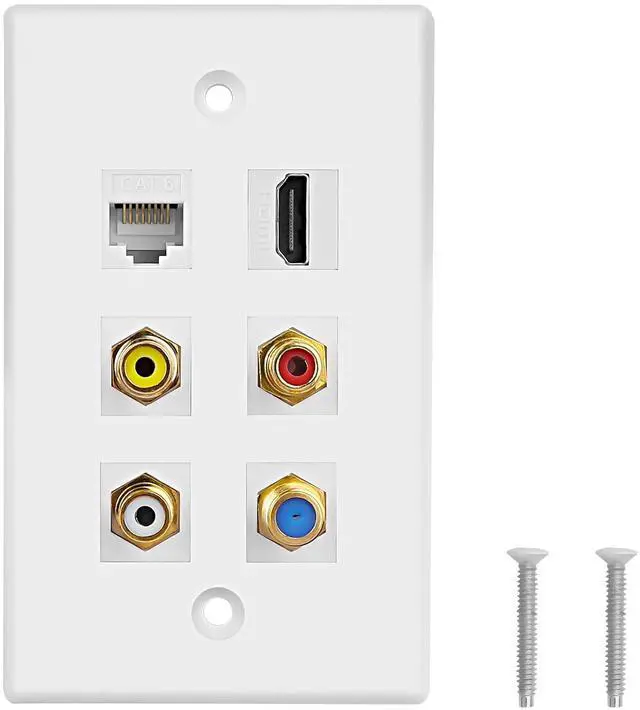 Main image of HDMI RCA 6 Port Keystone Wall Plate HDMI Coax CAT6 Ethernet RCA Ethernet Wall Outlet Plate Panel 3 RCA +1 Cat6+1 Coax Cable TV F Type Port+1 HDMI Female to Female Insert Wall Plates -White