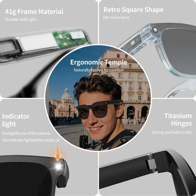 Alt view image 5 of 6 - Smart Glasses with Camera, 8MP HD Anti-Shake Camera Glasses, 1080P Video Recording Dual Mic Sunglasses, Real Time Translation, Built-in ChatGPT Voice Assistant, Open-Ear Audio for Travel&Outdoor