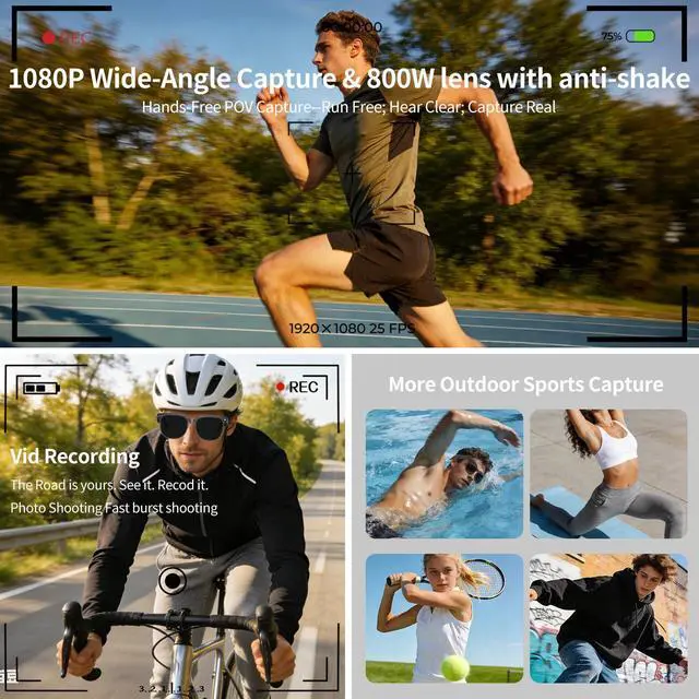 Alt view image 3 of 6 - Smart Glasses with Camera, 8MP HD Anti-Shake Camera Glasses, 1080P Video Recording Dual Mic Sunglasses, Real Time Translation, Built-in ChatGPT Voice Assistant, Open-Ear Audio for Travel&Outdoor