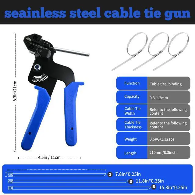 Alt view image 2 of 7 - Metal Zip Ties with Stainless Steel Cable Tie Gun, Special Tool For Fastening and Cutting Steel Zip Ties, 50 Each of 8, 12, 16 Inch Uv Resistant chain link fence Parts For Fence Exhaust Pipe Outdoor