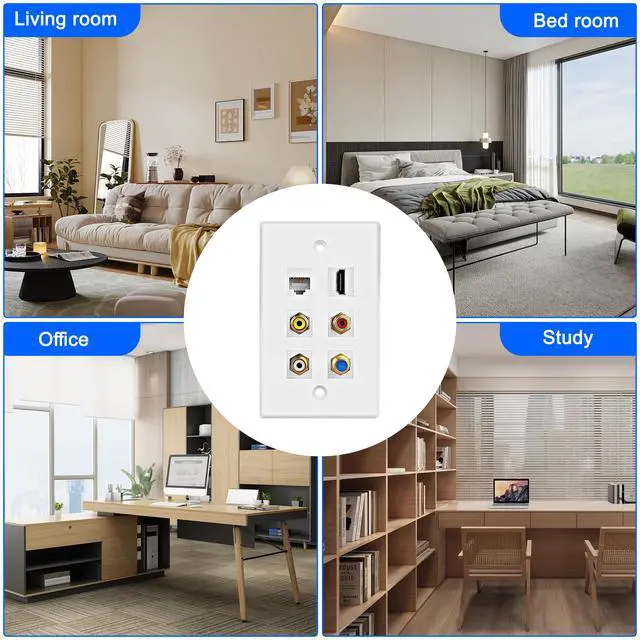 Alt view image 7 of 7 - HDMI RCA 6 Port Keystone Wall Plate HDMI Coax CAT6 Ethernet RCA Ethernet Wall Outlet Plate Panel 3 RCA +1 Cat6+1 Coax Cable TV F Type Port+1 HDMI Female to Female Insert Wall Plates -White