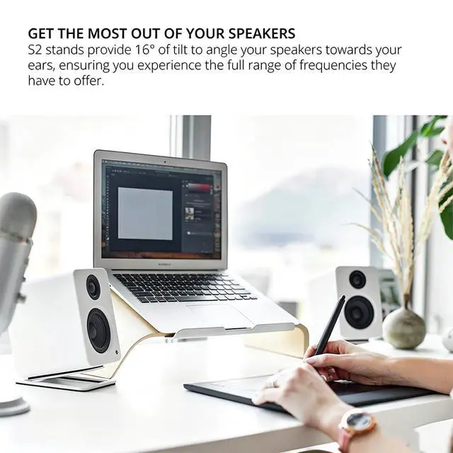 Alt view image 4 of 6 - Desktop Sound Stand Base, Black, 2PCS/A Pair | Carbon Steel Material, Shock Absorption, Improved Sound Quality, Tilted Design, For PC, Studio & Bookshelf Speakers