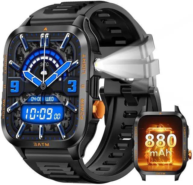 Main image of Military Smart Watches for Men (Answer/Make Call) 1.96" HD Big Screen | Rugged Tactical Smartwatch with LED Flashlight/880mAh/3ATM Waterproof/HR/Sleep Monitor, Fitness Tracker for iPhone Android