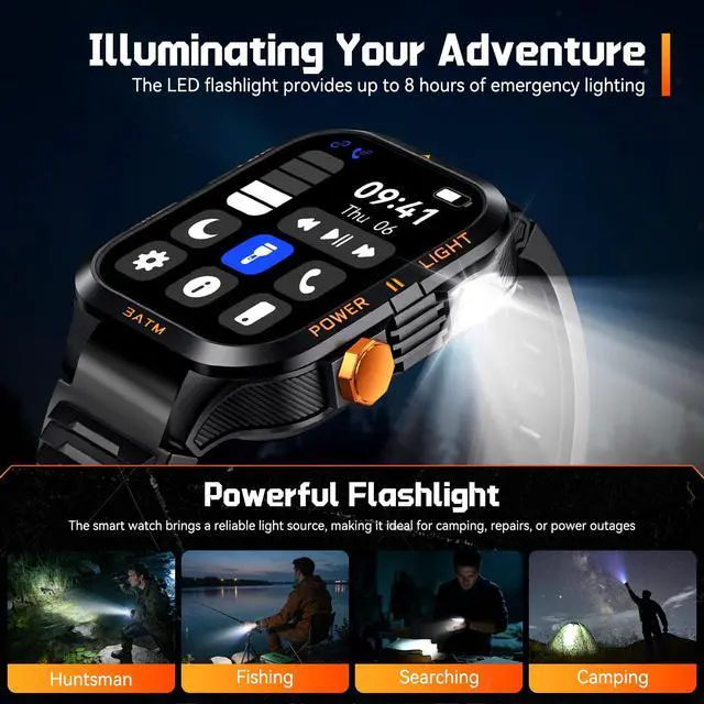Alt view image 3 of 6 - Military Smart Watches for Men (Answer/Make Call) 1.96" HD Big Screen | Rugged Tactical Smartwatch with LED Flashlight/880mAh/3ATM Waterproof/HR/Sleep Monitor, Fitness Tracker for iPhone Android