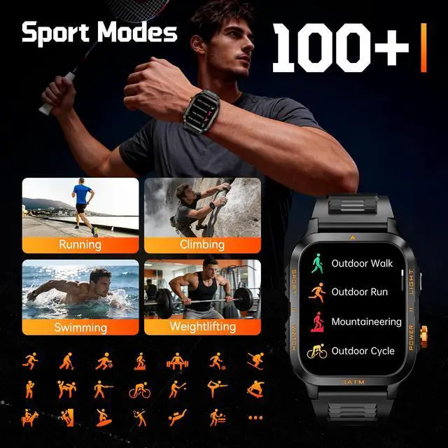 Alt view image 6 of 6 - Military Smart Watches for Men (Answer/Make Call) 1.96" HD Big Screen | Rugged Tactical Smartwatch with LED Flashlight/880mAh/3ATM Waterproof/HR/Sleep Monitor, Fitness Tracker for iPhone Android