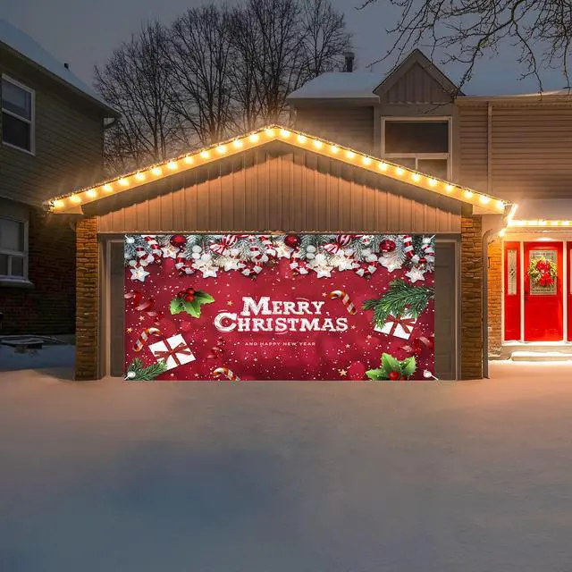 Alt view image 5 of 6 - Lordearon Christmas Garage Door Banner Decoration Large Christmas Garage Cover for Indoor Outdoor Holiday Party Supplies, Red Ornaments Backdrop Sign 6X13 FT
