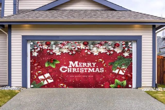 Alt view image 4 of 6 - Lordearon Christmas Garage Door Banner Decoration Large Christmas Garage Cover for Indoor Outdoor Holiday Party Supplies, Red Ornaments Backdrop Sign 6X13 FT