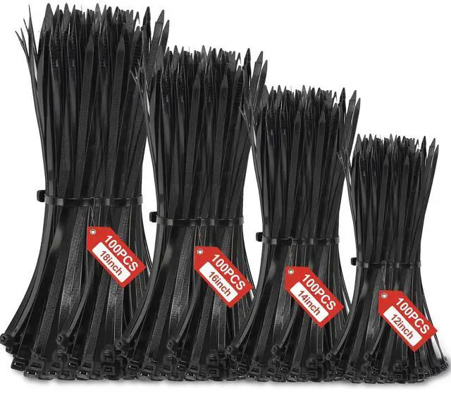 Main image of 12''+14''+16''+18'' Zip Ties Assorted Sizes, 400 Pack 50 LBS Black Cable Ties - Heavy Duty Nylon Wire Ties, Self-Locking, UV Resistant for Indoor/Outdoor Use