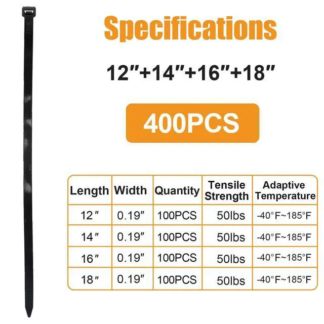 Alt view image 2 of 7 - 12''+14''+16''+18'' Zip Ties Assorted Sizes, 400 Pack 50 LBS Black Cable Ties - Heavy Duty Nylon Wire Ties, Self-Locking, UV Resistant for Indoor/Outdoor Use