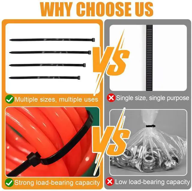 Alt view image 4 of 7 - 12''+14''+16''+18'' Zip Ties Assorted Sizes, 400 Pack 50 LBS Black Cable Ties - Heavy Duty Nylon Wire Ties, Self-Locking, UV Resistant for Indoor/Outdoor Use