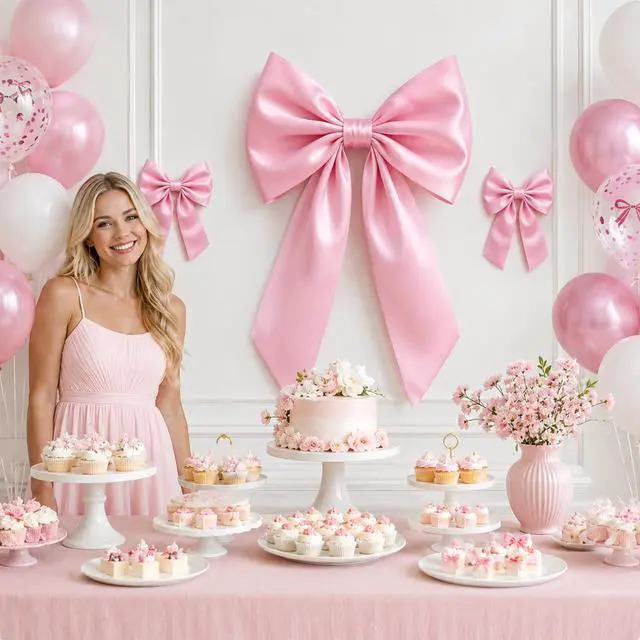 Alt view image 4 of 7 - 3Pcs Pink Bow Decor Large & Small Bow Themed Party Decorations Large Coquette Pink Ornaments for Valentine's Day Baby Shower Bridal Shower Birthday Indoor Outdoor Party Decor Supplies