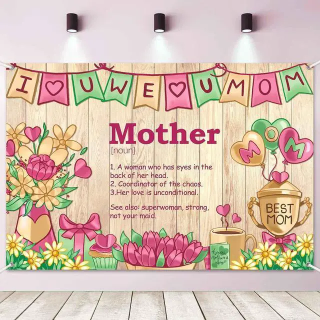 Alt view image 2 of 7 - 8x6ft Mothers Day Backdrop Wooden Happy Mother's Day Decorations Banner I Love Mom Best Mom Theme Photography Background Thanks Mother Birthday Party Supplies