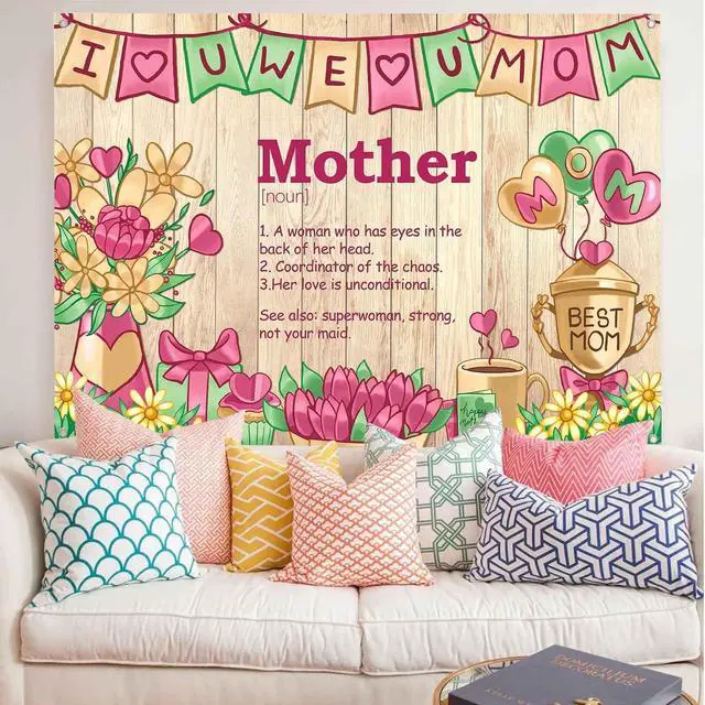Alt view image 4 of 7 - 8x6ft Mothers Day Backdrop Wooden Happy Mother's Day Decorations Banner I Love Mom Best Mom Theme Photography Background Thanks Mother Birthday Party Supplies
