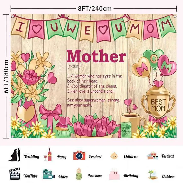 Alt view image 3 of 7 - 8x6ft Mothers Day Backdrop Wooden Happy Mother's Day Decorations Banner I Love Mom Best Mom Theme Photography Background Thanks Mother Birthday Party Supplies