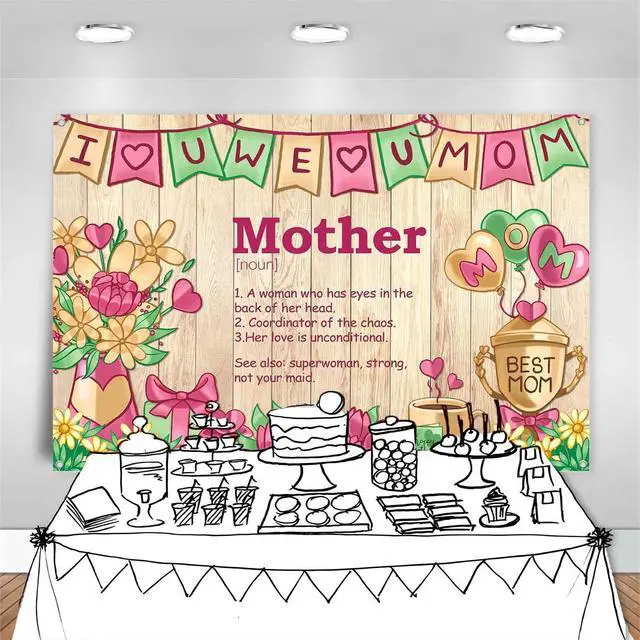 Alt view image 5 of 7 - 8x6ft Mothers Day Backdrop Wooden Happy Mother's Day Decorations Banner I Love Mom Best Mom Theme Photography Background Thanks Mother Birthday Party Supplies