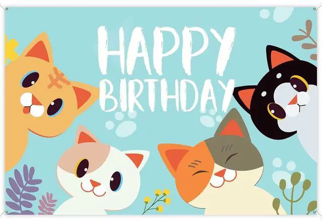 Main image of Happy Birthday Banner Backdrop Sky Blue Cute Cat Theme Party Decor Picks for Birthday Party Photography Background Supplies Decorations
