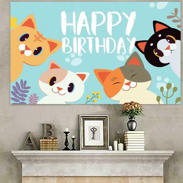 Alt view image 4 of 6 - Happy Birthday Banner Backdrop Sky Blue Cute Cat Theme Party Decor Picks for Birthday Party Photography Background Supplies Decorations