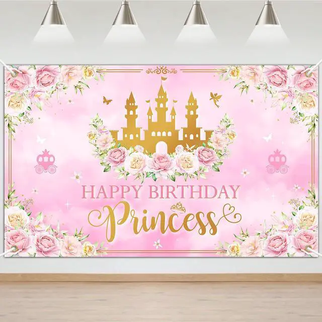 Main image of Princess Happy Birthday Banner Pink Princess Birthday Party Decorations Pastel Floral Castle Backdrop for Girls Princess Party Supplies (6 x 3.6 ft)