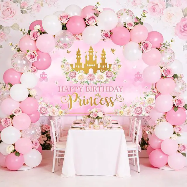 Alt view image 3 of 6 - Princess Happy Birthday Banner Pink Princess Birthday Party Decorations Pastel Floral Castle Backdrop for Girls Princess Party Supplies (6 x 3.6 ft)
