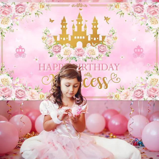 Alt view image 4 of 6 - Princess Happy Birthday Banner Pink Princess Birthday Party Decorations Pastel Floral Castle Backdrop for Girls Princess Party Supplies (6 x 3.6 ft)