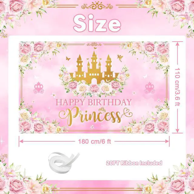 Alt view image 2 of 6 - Princess Happy Birthday Banner Pink Princess Birthday Party Decorations Pastel Floral Castle Backdrop for Girls Princess Party Supplies (6 x 3.6 ft)