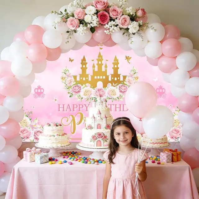 Alt view image 5 of 6 - Princess Happy Birthday Banner Pink Princess Birthday Party Decorations Pastel Floral Castle Backdrop for Girls Princess Party Supplies (6 x 3.6 ft)