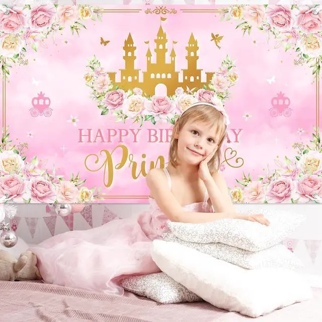 Alt view image 6 of 6 - Princess Happy Birthday Banner Pink Princess Birthday Party Decorations Pastel Floral Castle Backdrop for Girls Princess Party Supplies (6 x 3.6 ft)