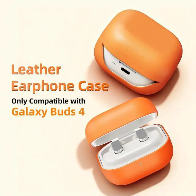 Alt view image 3 of 7 - Leather Case for Samsung Galaxy Buds4 (2026), Made of Full Grain Leather, Wireless Charging, Protective Hard Cover, Headphone Accessories, for Men Women, Orange