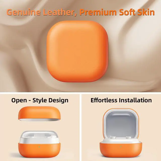 Alt view image 6 of 7 - Leather Case for Samsung Galaxy Buds4 (2026), Made of Full Grain Leather, Wireless Charging, Protective Hard Cover, Headphone Accessories, for Men Women, Orange