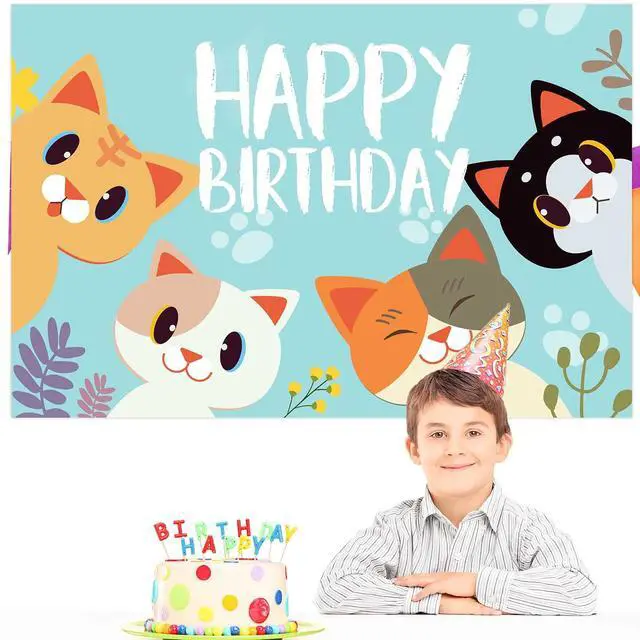 Alt view image 6 of 6 - Happy Birthday Banner Backdrop Sky Blue Cute Cat Theme Party Decor Picks for Birthday Party Photography Background Supplies Decorations