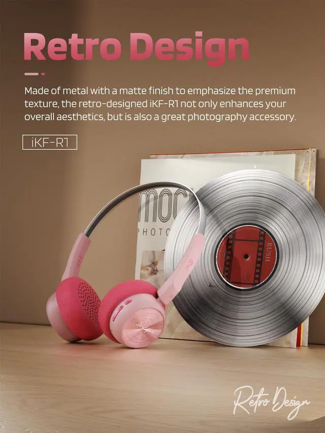 Alt view image 2 of 6 - R1 Retro Headphones Bluetooth 5.4 Hi-Fi Sound Custom EQ via App 60H Playtime Comfortable Fit Multipoint Connection Lightweight Vintage Headphones (Pink)