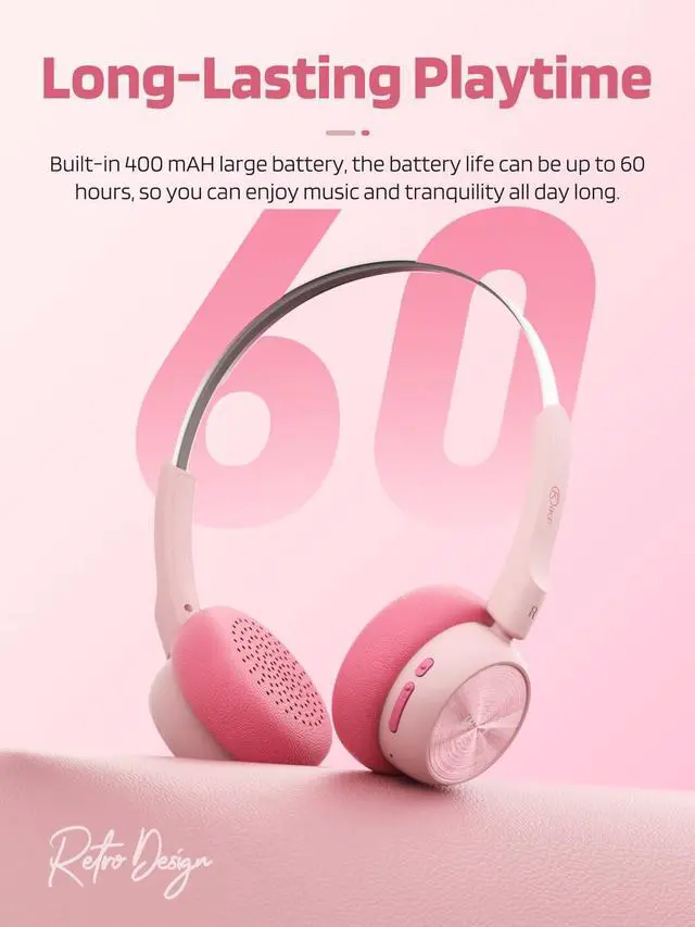 Alt view image 4 of 6 - R1 Retro Headphones Bluetooth 5.4 Hi-Fi Sound Custom EQ via App 60H Playtime Comfortable Fit Multipoint Connection Lightweight Vintage Headphones (Pink)