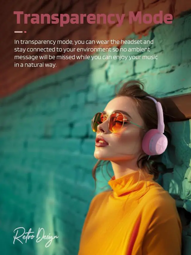 Alt view image 3 of 6 - R1 Retro Headphones Bluetooth 5.4 Hi-Fi Sound Custom EQ via App 60H Playtime Comfortable Fit Multipoint Connection Lightweight Vintage Headphones (Pink)