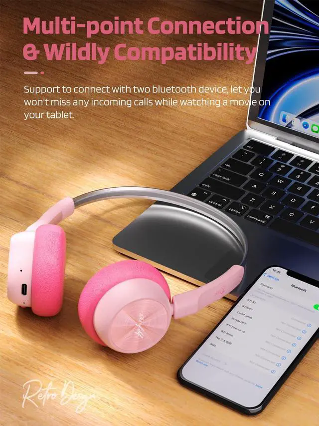 Alt view image 6 of 6 - R1 Retro Headphones Bluetooth 5.4 Hi-Fi Sound Custom EQ via App 60H Playtime Comfortable Fit Multipoint Connection Lightweight Vintage Headphones (Pink)
