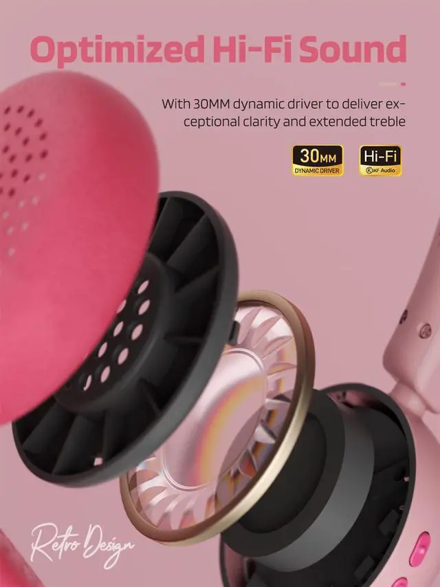 Alt view image 5 of 6 - R1 Retro Headphones Bluetooth 5.4 Hi-Fi Sound Custom EQ via App 60H Playtime Comfortable Fit Multipoint Connection Lightweight Vintage Headphones (Pink)