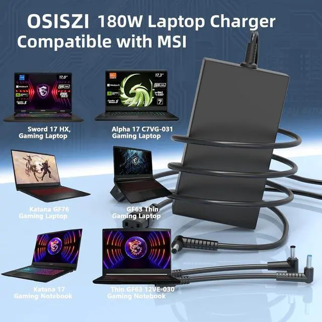 Alt view image 2 of 7 - 180W 240W Laptop Charger 4.5x3.0mm Compatible with MSI Thin | Fit for MSI Katana 15 HX GF75 GF65 GF63 GF75 Cyboyg 15 17 Thin GS66 Stealth Sword 15 17 17HX Gaming 15.6" Crosshair