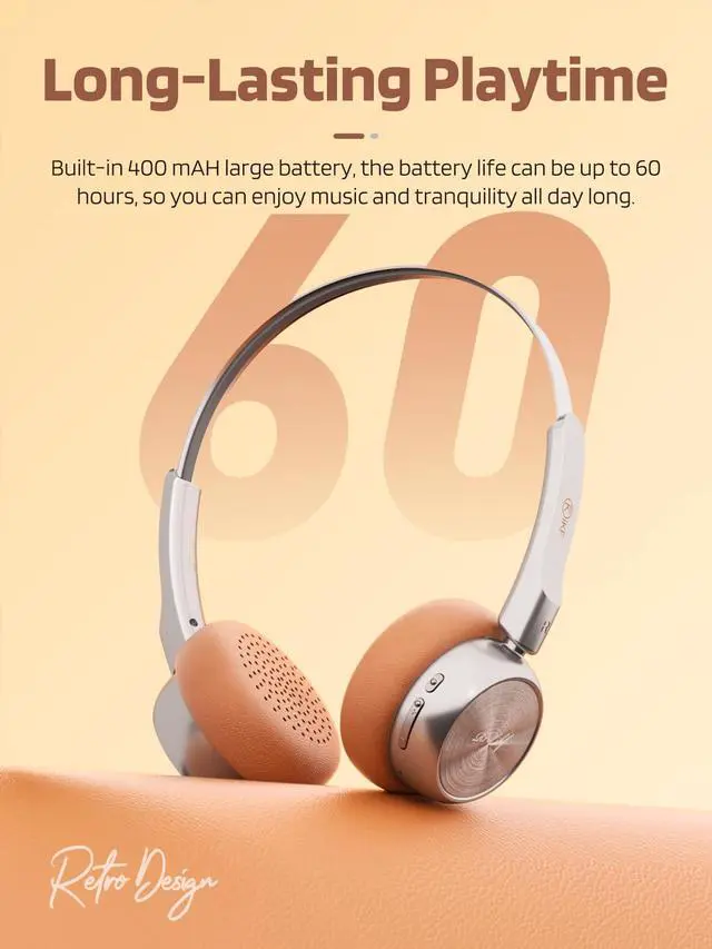 Alt view image 4 of 6 - R1 Retro Headphones Bluetooth 5.4 Hi-Fi Sound Custom EQ via App 60H Playtime Comfortable Fit Multipoint Connection Lightweight Vintage Headphones (Brown)