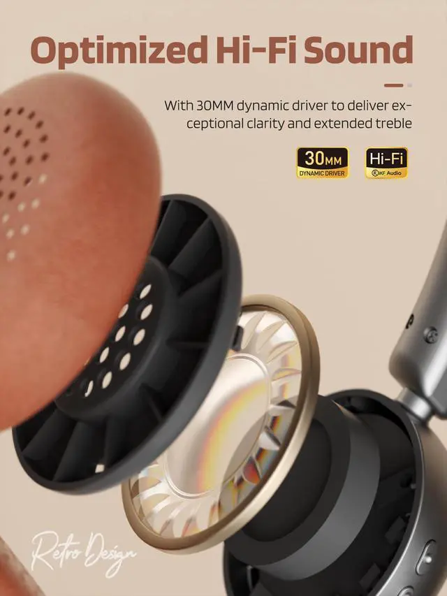 Alt view image 5 of 6 - R1 Retro Headphones Bluetooth 5.4 Hi-Fi Sound Custom EQ via App 60H Playtime Comfortable Fit Multipoint Connection Lightweight Vintage Headphones (Brown)