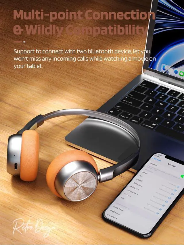 Alt view image 6 of 6 - R1 Retro Headphones Bluetooth 5.4 Hi-Fi Sound Custom EQ via App 60H Playtime Comfortable Fit Multipoint Connection Lightweight Vintage Headphones (Brown)