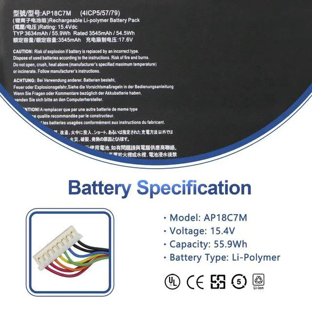 Alt view image 2 of 7 - 55.9Wh AP18C7M Laptop Battery for Acer ConceptD 3/Spin 5/Swift 3/5 Series | CN315-72,SP513-54N/55N,SF313-52/52G/53,SF514-55T/55TA,SF514-54GT/55GT
